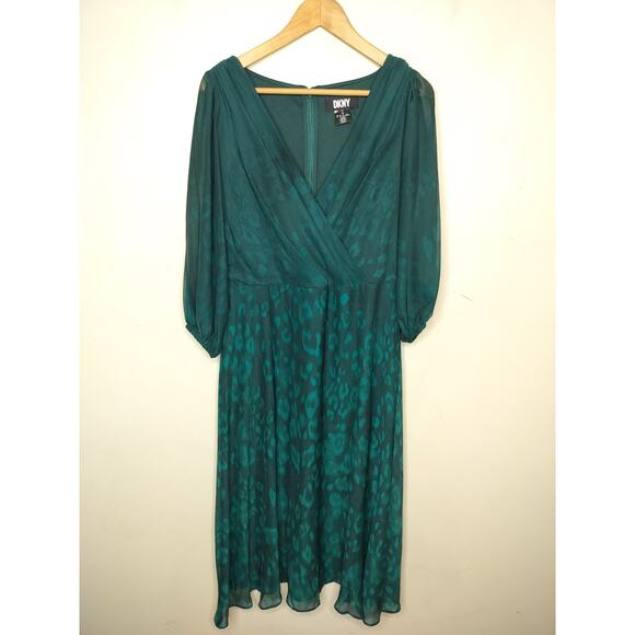 DKNY Faux Wrap Midi Dress Emerald Green Pattern Chiffon - Picture 1 of 10